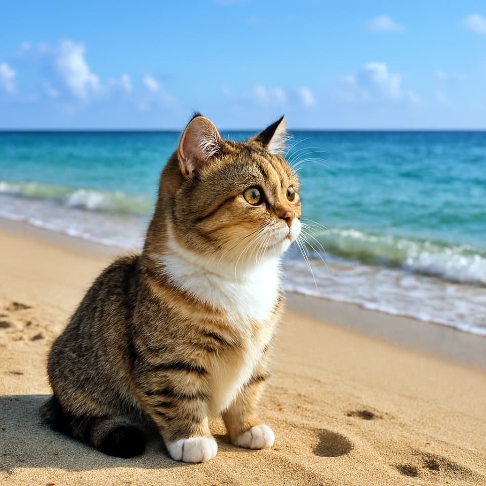 砂浜に座り海を見つめるマンチカン猫（Copilot）