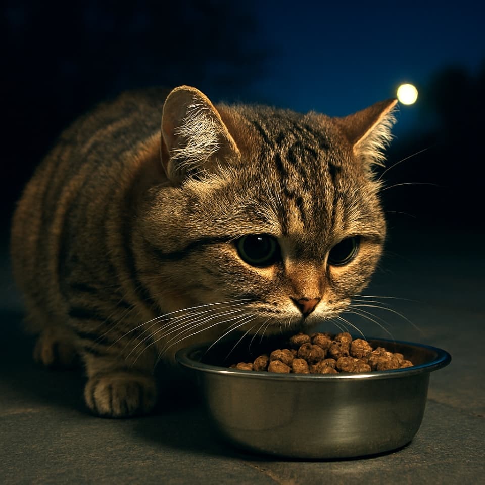 夜にフードボウルから食べるマンチカン猫（Copilot）
