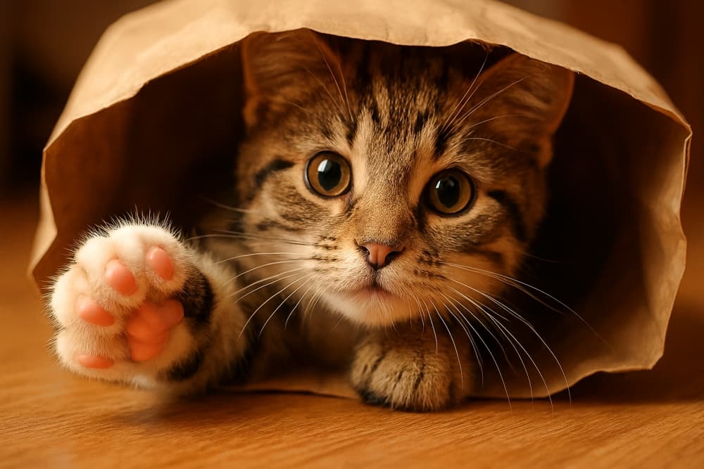 少しクシャッとした茶色の紙袋の中に隠れている子猫を横長構図で超リアルに撮影した写真(Copilot)