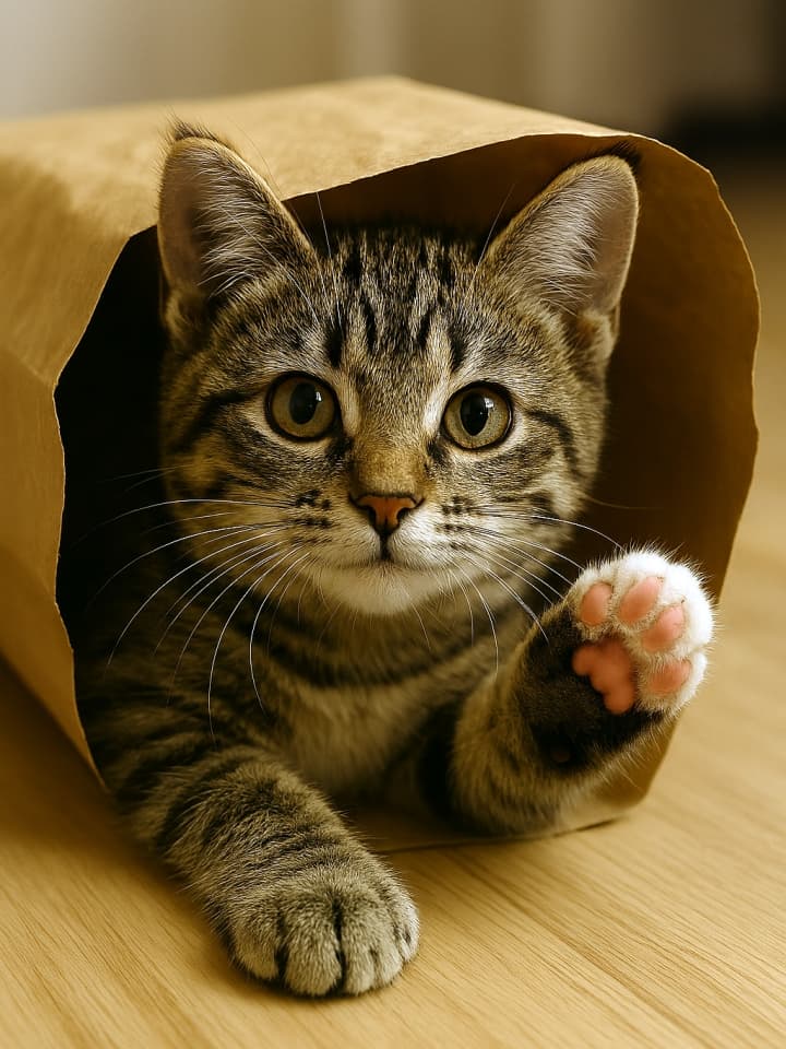室内の柔らかな光の中、茶トラの子猫が茶色の紙袋の中から顔をのぞかせている(Copilot)