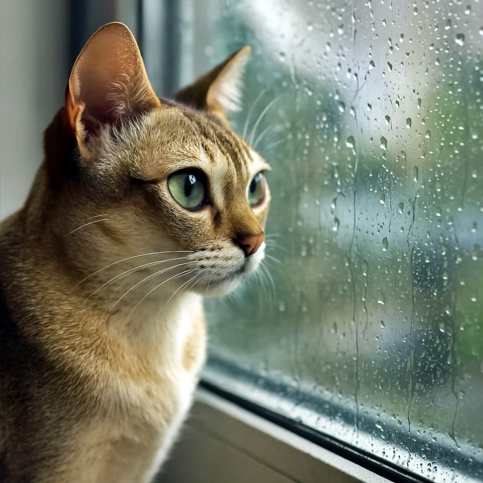 雨の降る日に窓の外を見つめるシンガプーラ