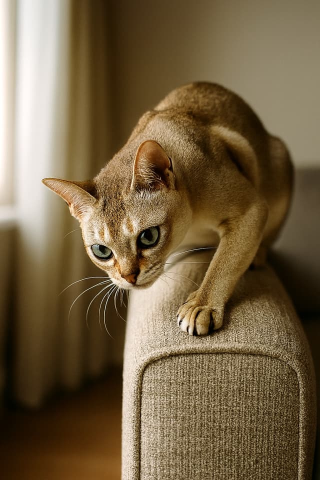 ソファの背もたれに乗り、下を楽しげに覗き込むシンガプーラ