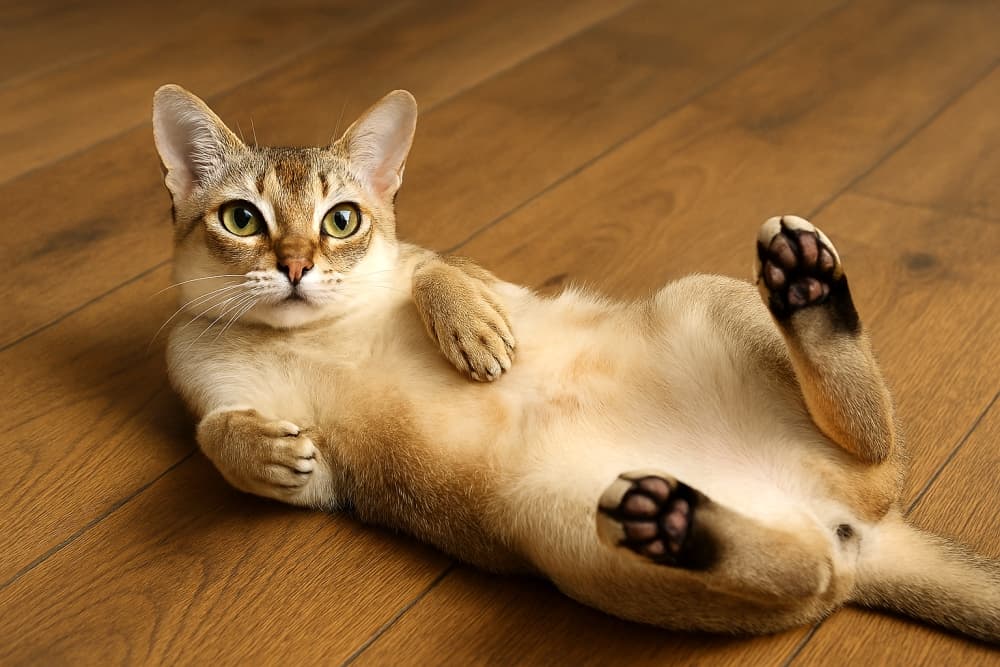 木の床に仰向けになって横たわるシンガプーラ