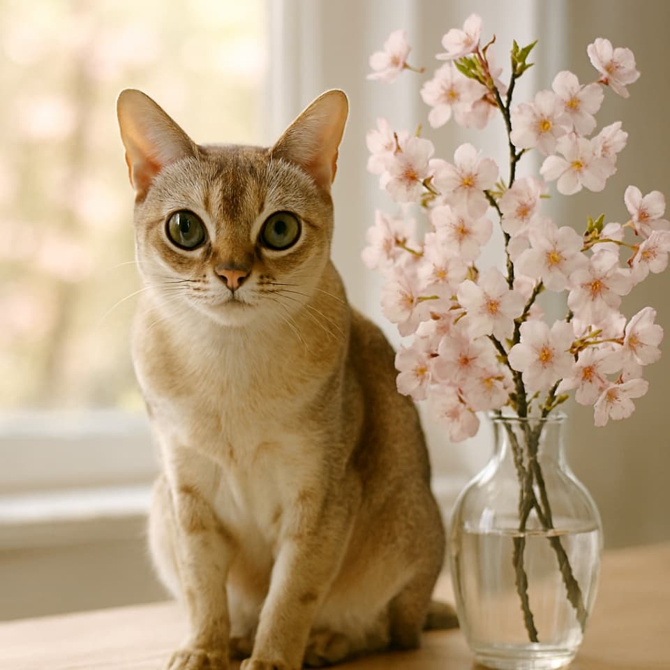 桜の花瓶の横に座るシンガプーラ