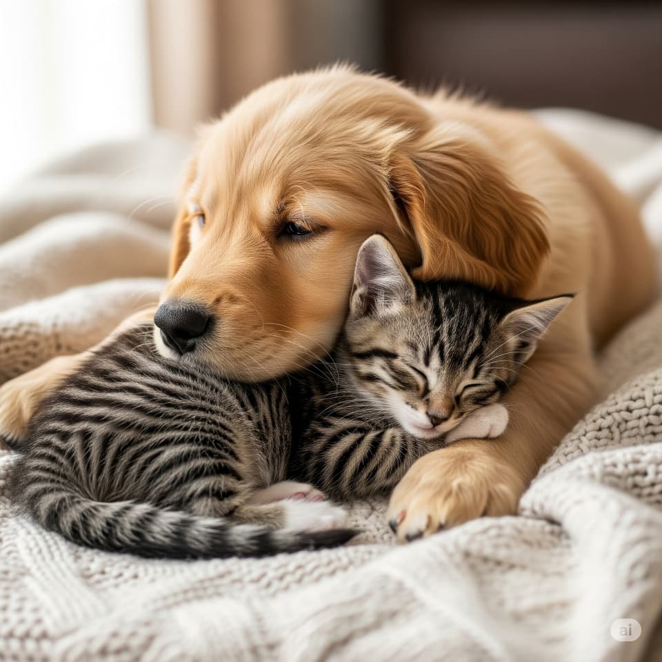 子犬と子猫の仲良しショット