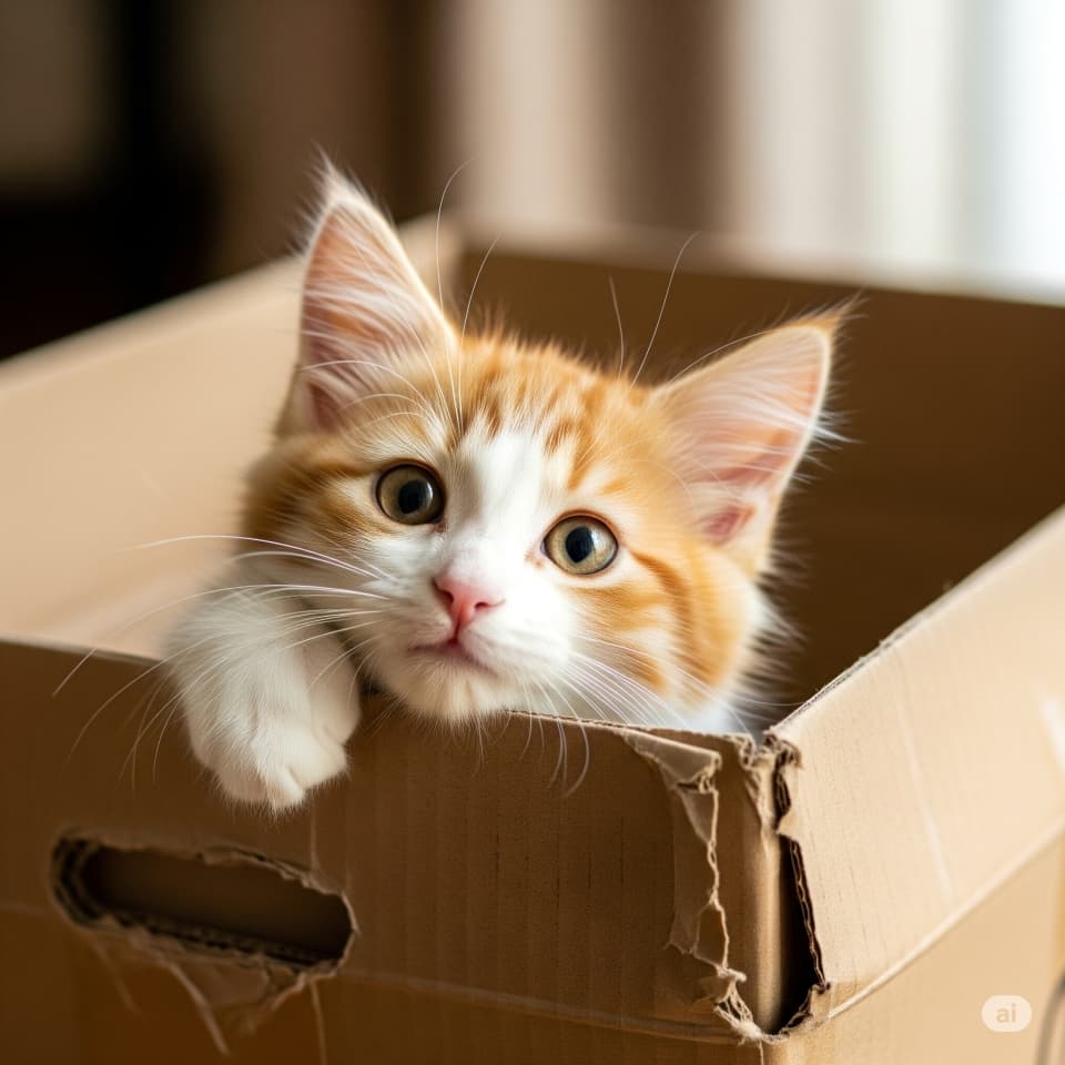 箱から顔を出す子猫
