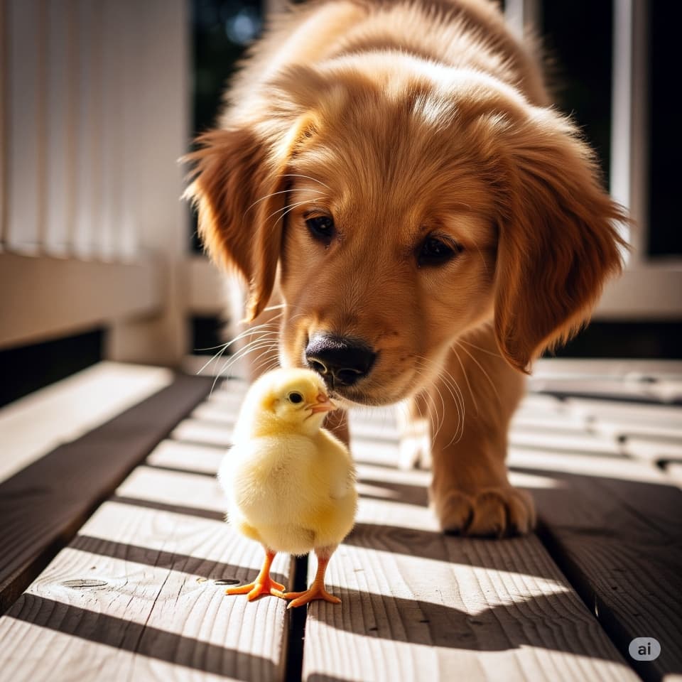 子犬とひよこの出会い