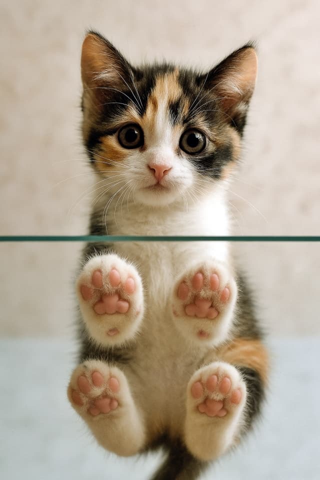 ガラスのテーブルの上に立つ三毛の子猫を下から撮影(copilot)