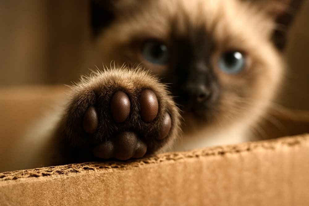 遊び好きなシャム子猫の前足が、ざらついた段ボール箱の縁に置かれている様子を極端なクローズアップで撮影(copilot)