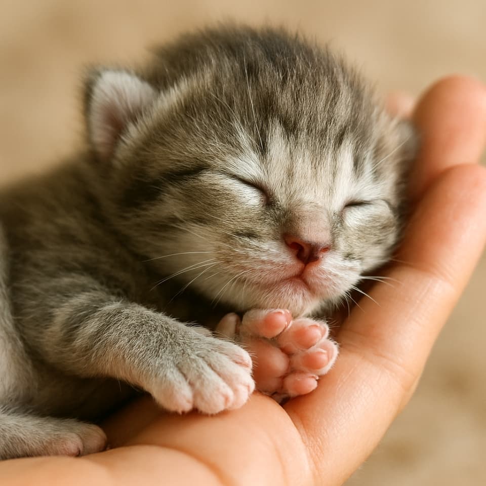 人間の手のひらの上で安らかに眠る、生まれたばかりの子猫(copilot)