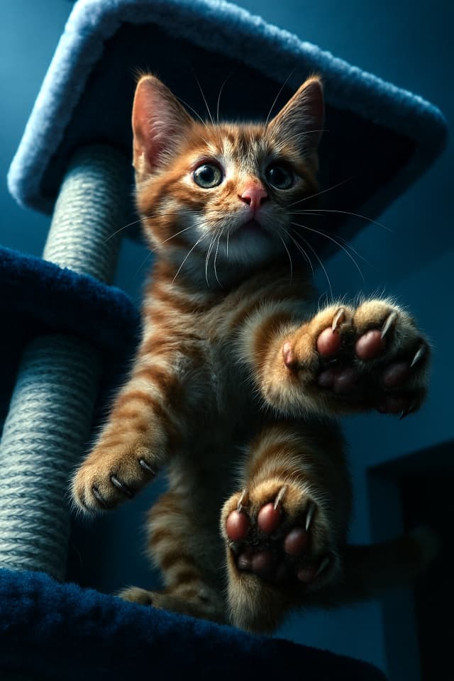 キャットタワーを登る勇敢な子猫を、ローアングルから撮影(copilot)