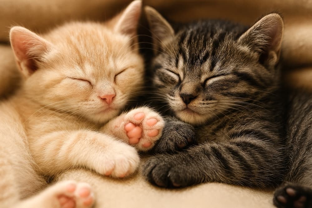 2匹の小さな子猫が寄り添い、重なって眠っている(copilot)