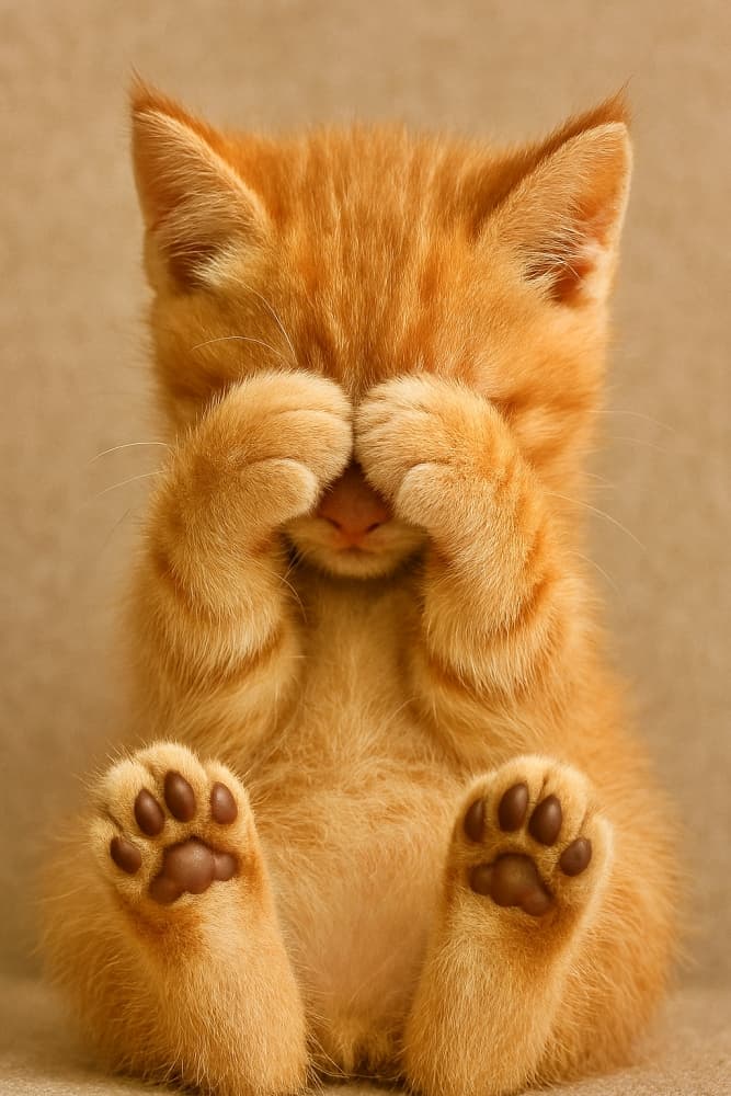 恥ずかしがっているか眠いかのように、両手で顔を覆っているシャイな子猫(copilot)