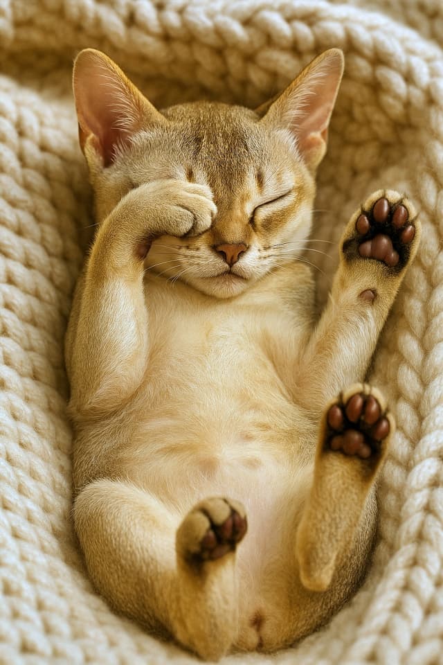 シンガプーラの子猫が、クリーム色の太い編み目のニットブランケットの上で仰向けに眠っている(Copilot)
