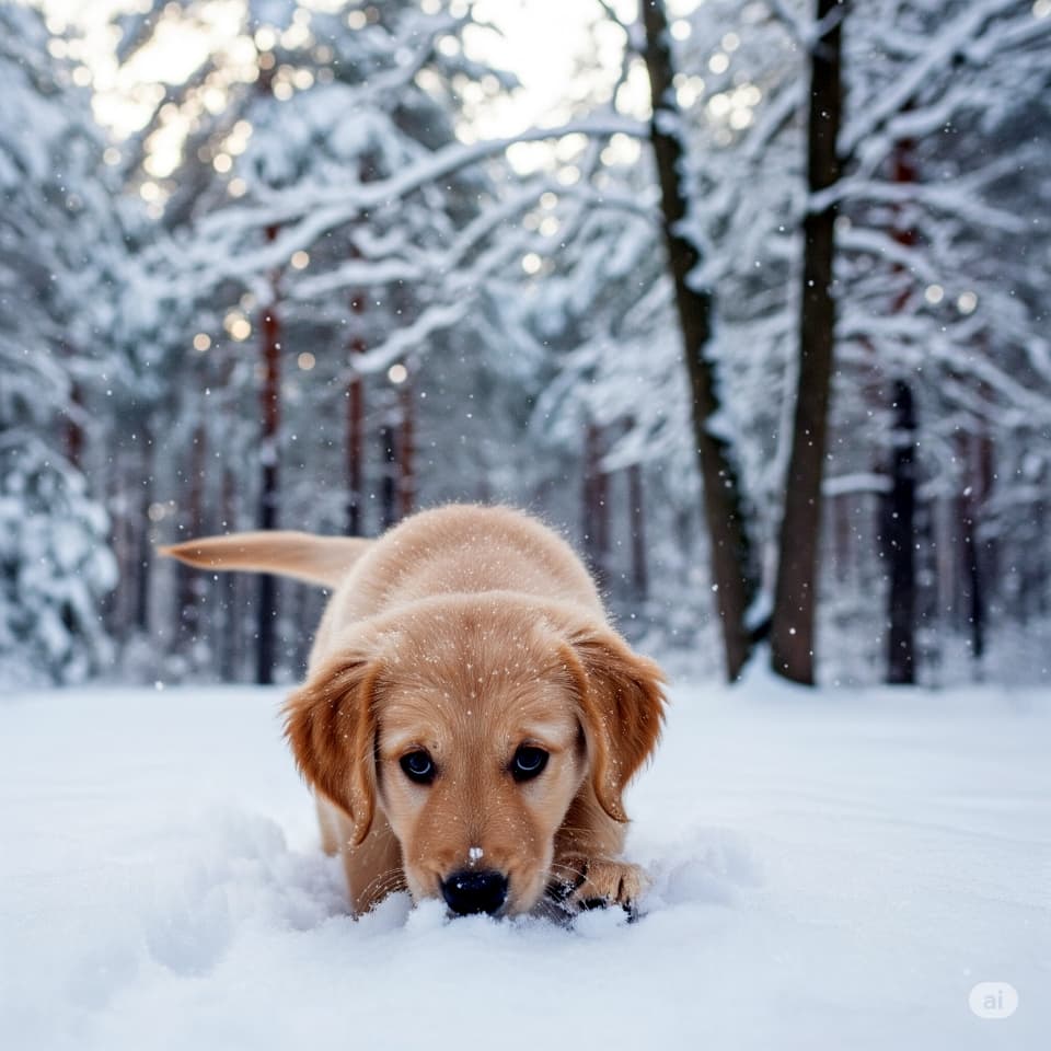 初めての雪に触れる子犬
