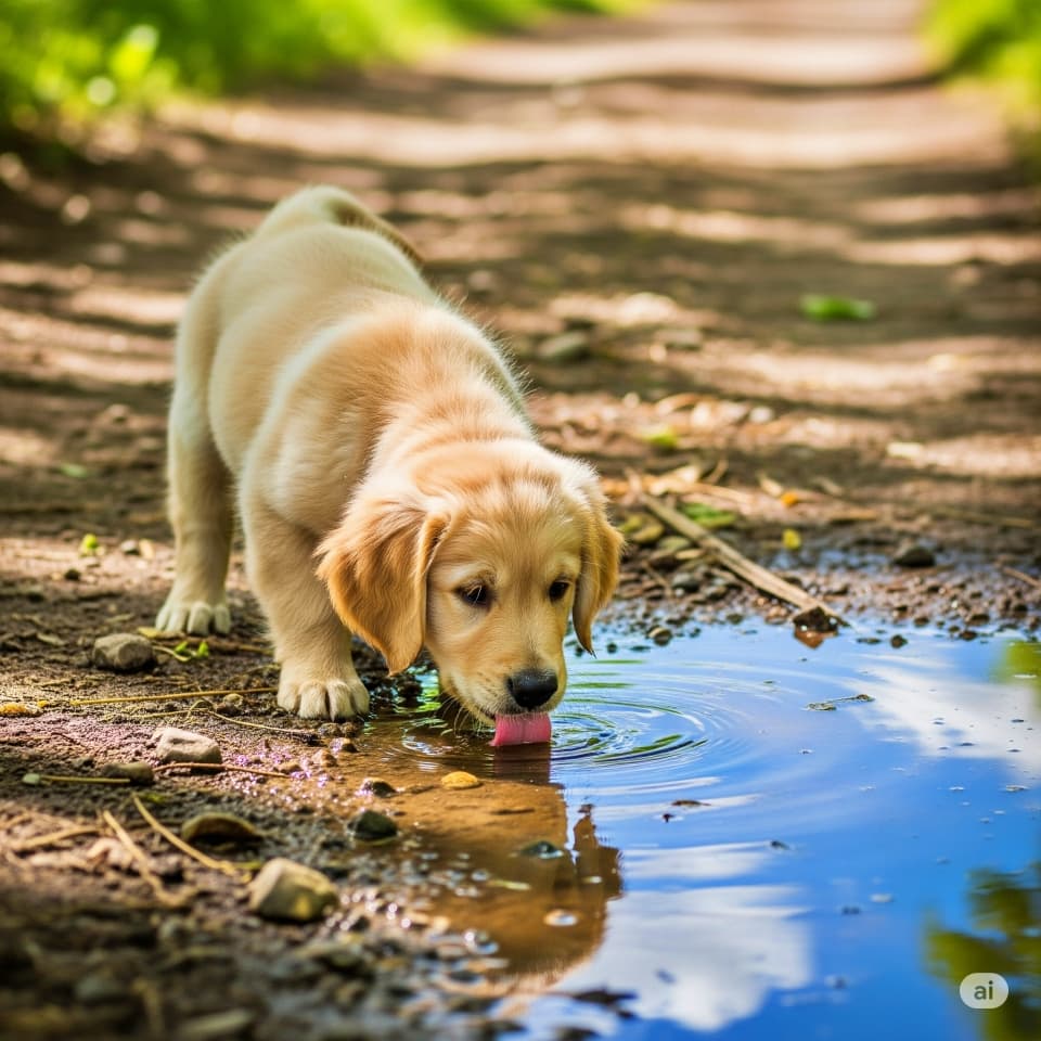 水たまりで水を飲む子犬