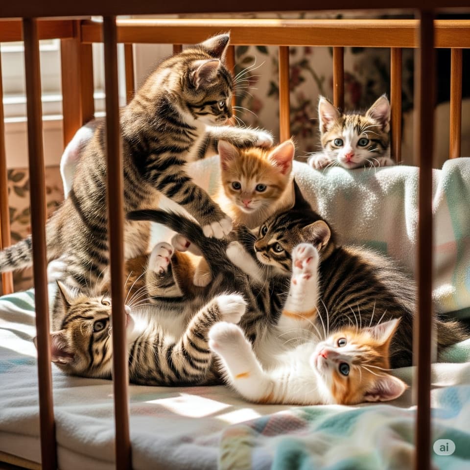ベビーベッドで遊ぶ子猫たち