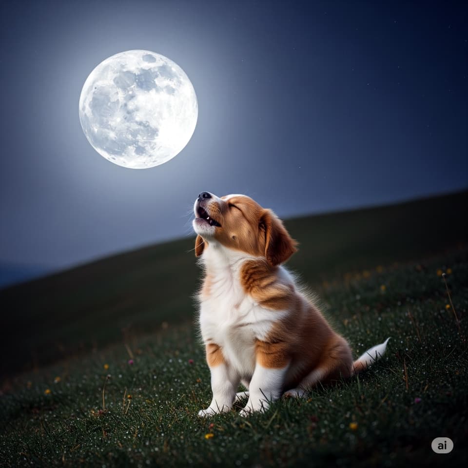 満月に遠吠えする子犬