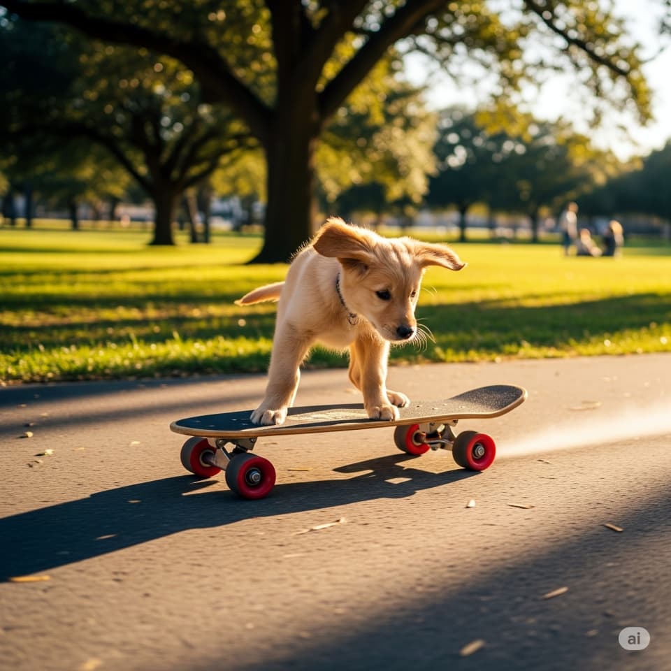 スケートボードに乗る子犬