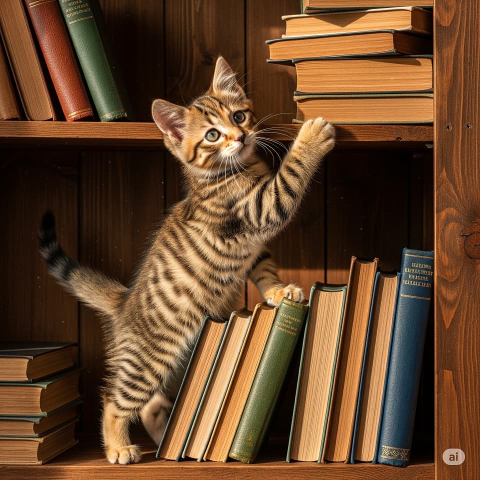 本棚を探検する子猫