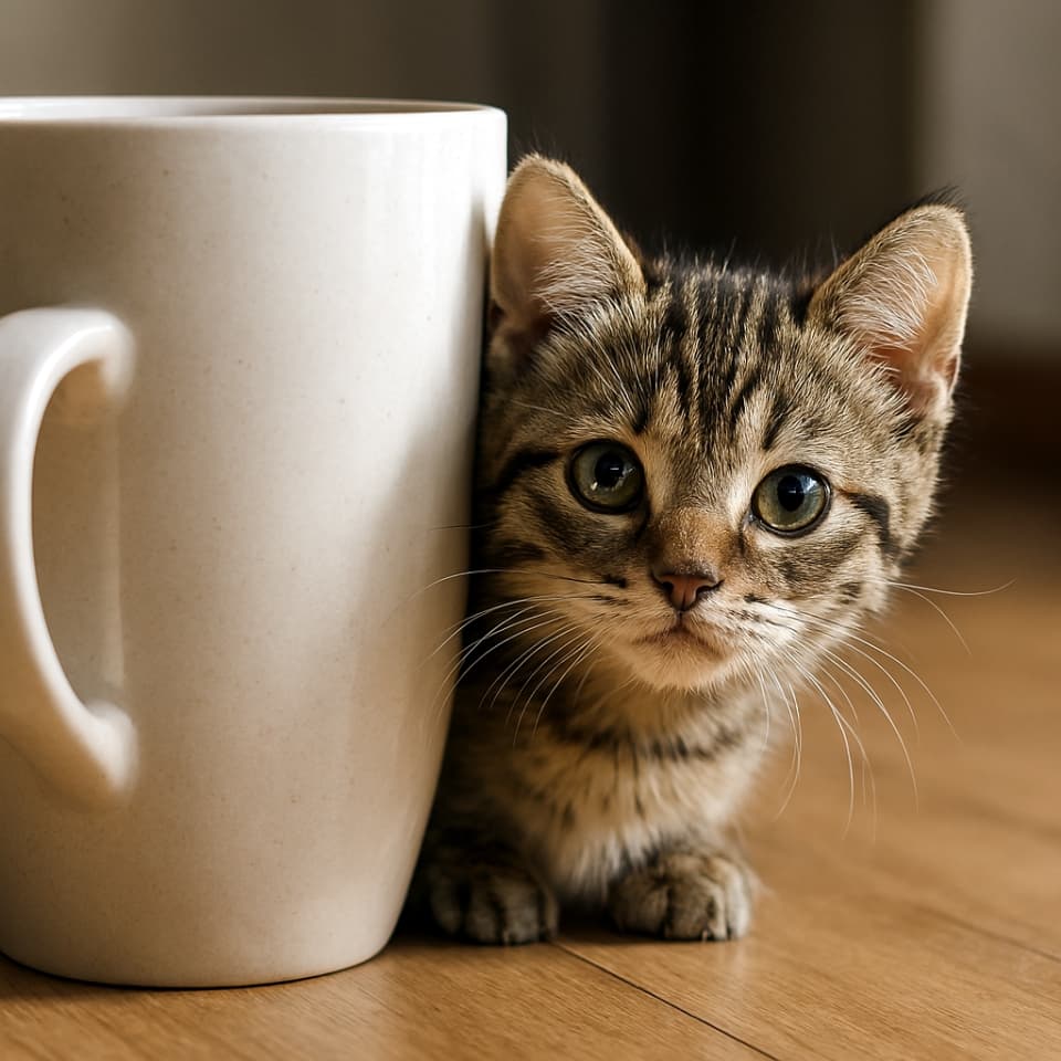 マグカップの影からひょっこり顔を出す子猫(copilot)