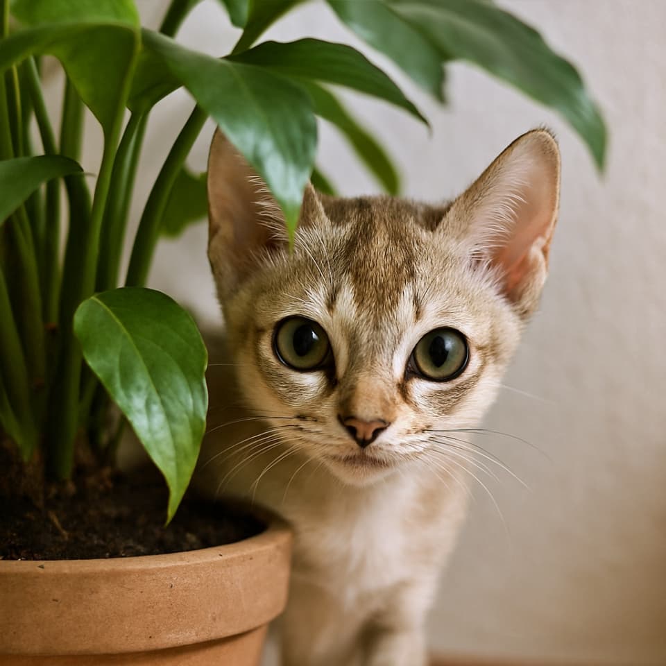 鉢植えの観葉植物の影から覗くシンガプーラの子猫(copilot)