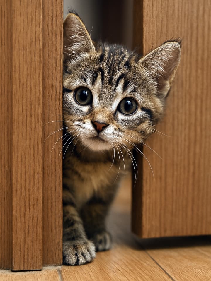 ドアの隙間から顔をのぞかせる子猫。(Copilot)