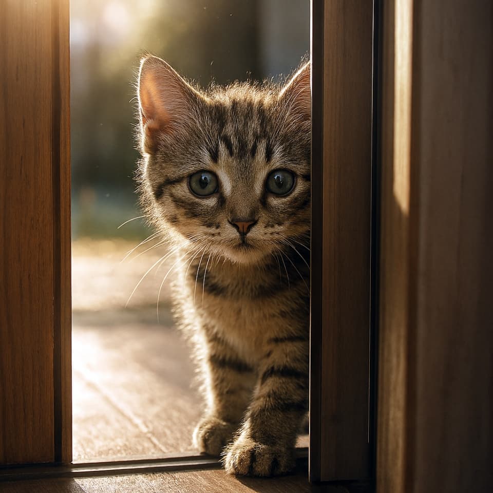 マグカップの影からひょっこり顔を出す子猫(Copilot)
