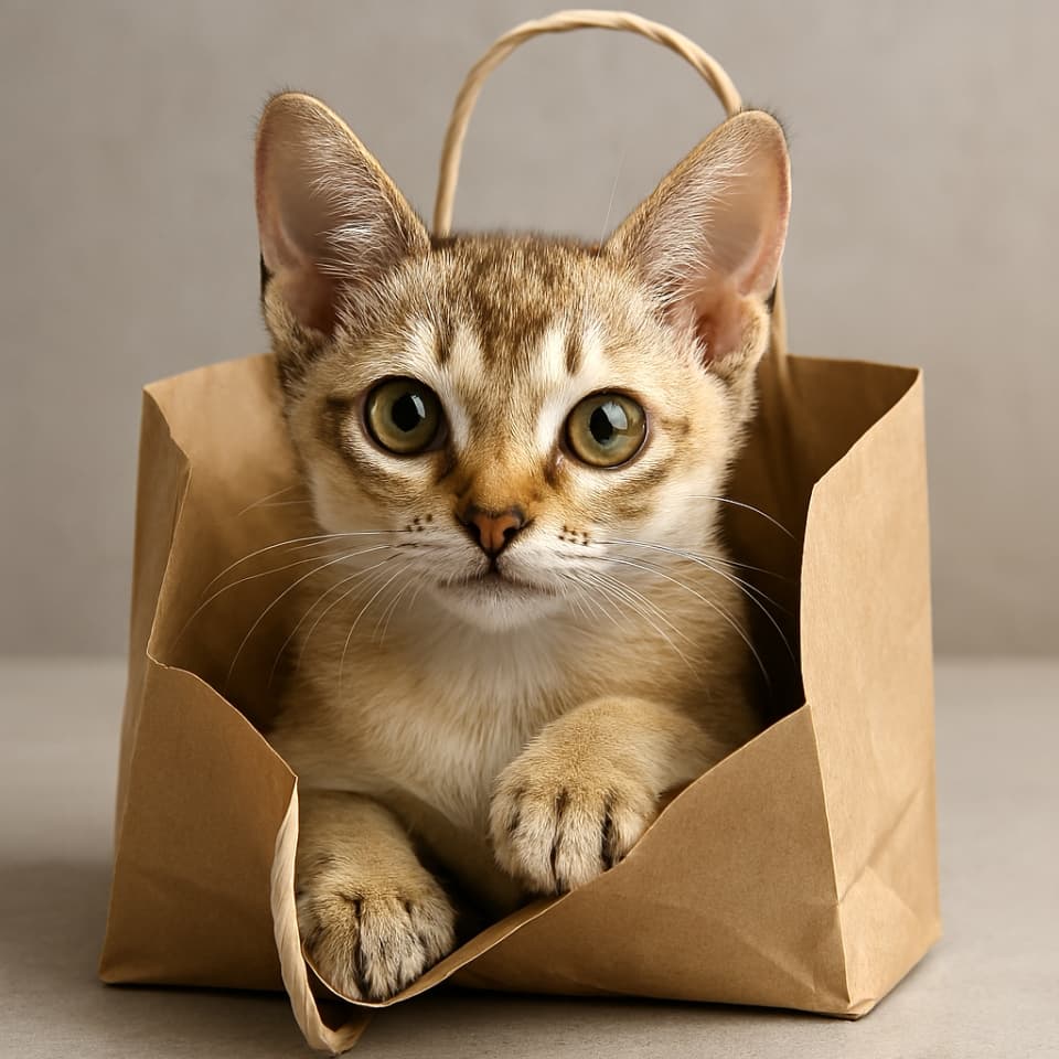 紙の買い物袋の中に入り、ひょっこり顔を出すシンガプーラの子猫(copilot)