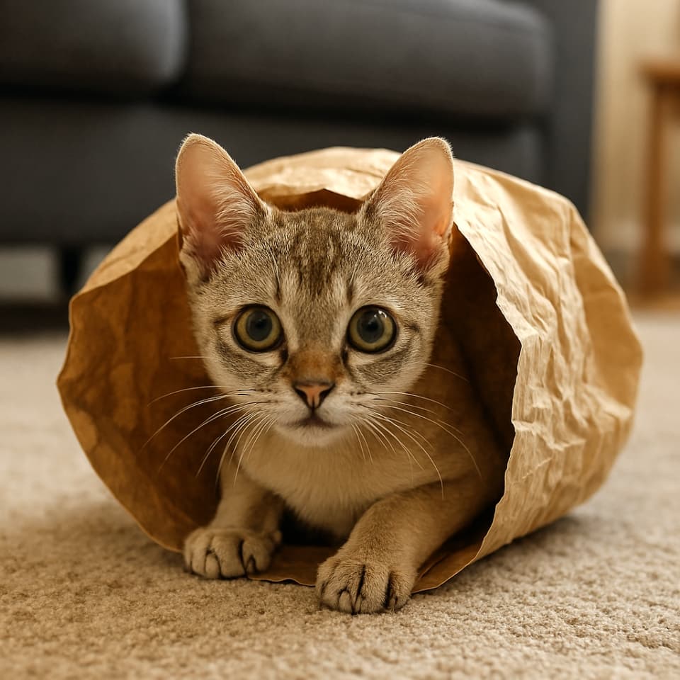 くしゃっとした紙袋に半分入って、遊び心いっぱいの目をしているシンガプーラの子猫(copilot)