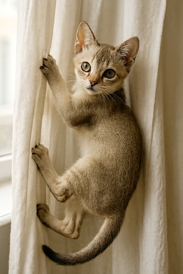 楽しそうにカーテンを登るシンガプーラの子猫(copilot)