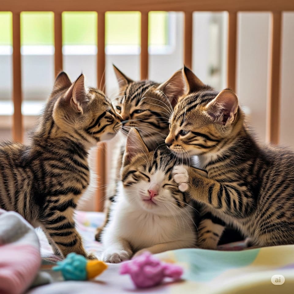 ベビーベッドの中で、4匹の子猫が戯れあい、毛繕いをする組み合わせ