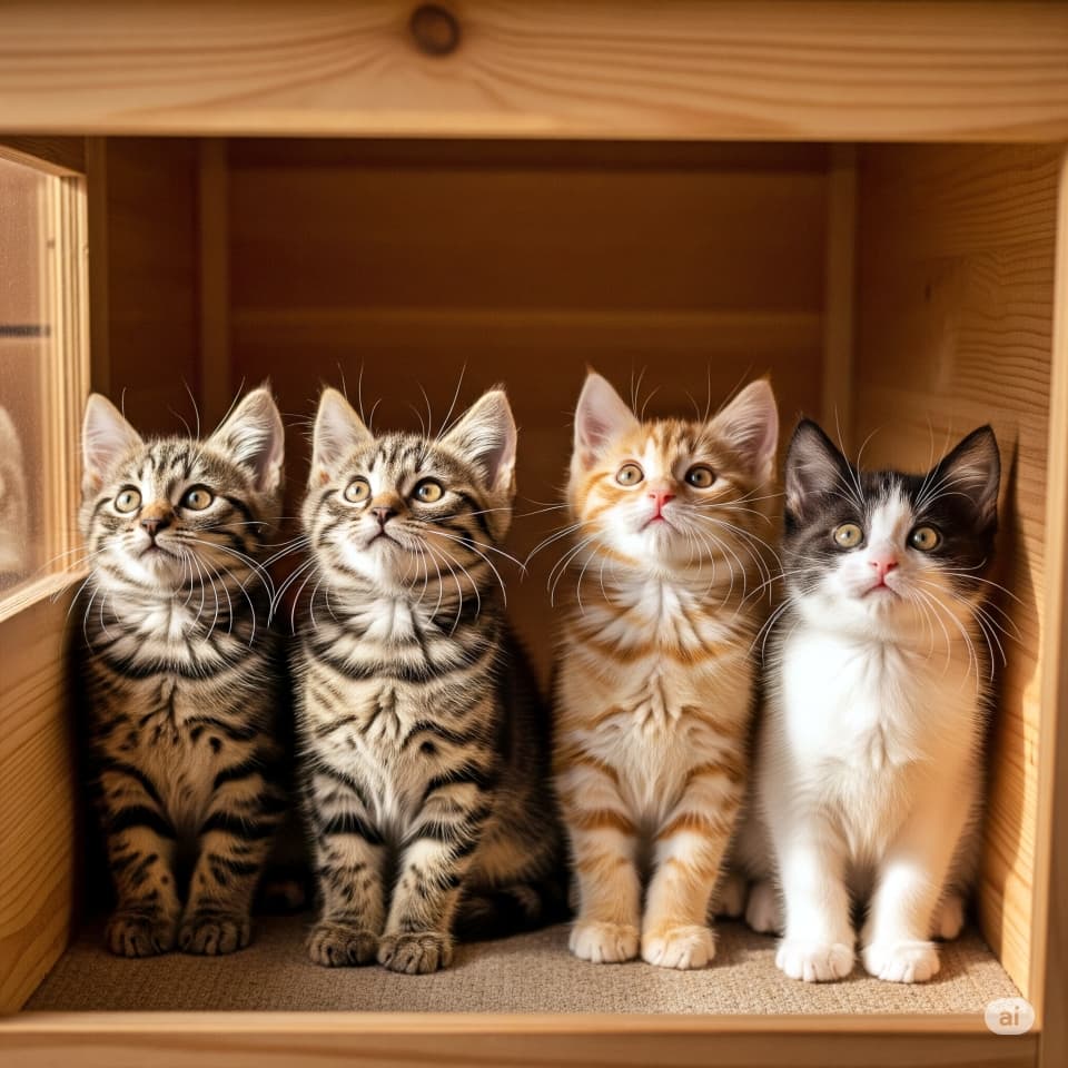 キャットハウスの前で、4匹の子猫が餌を待っている