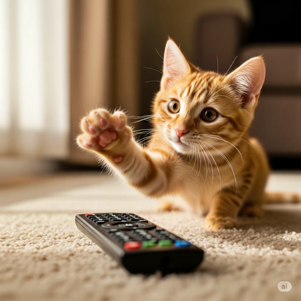 テレビのリモコンを前足でタッチ!