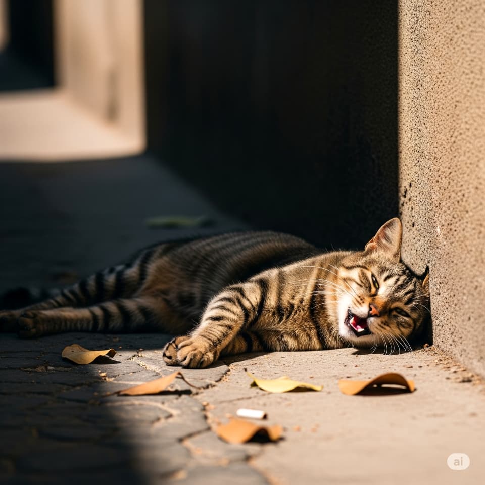 路地裏の涼しい日陰で休む野良猫