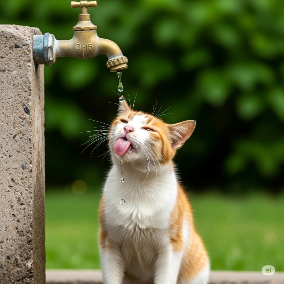 公園の蛇口で水を飲もうとする猫