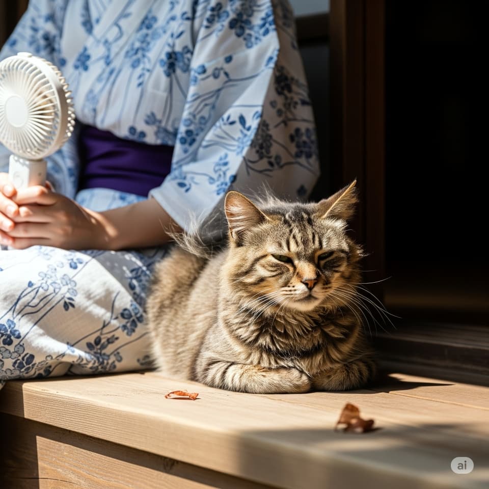 人の足元で風を浴びる猫