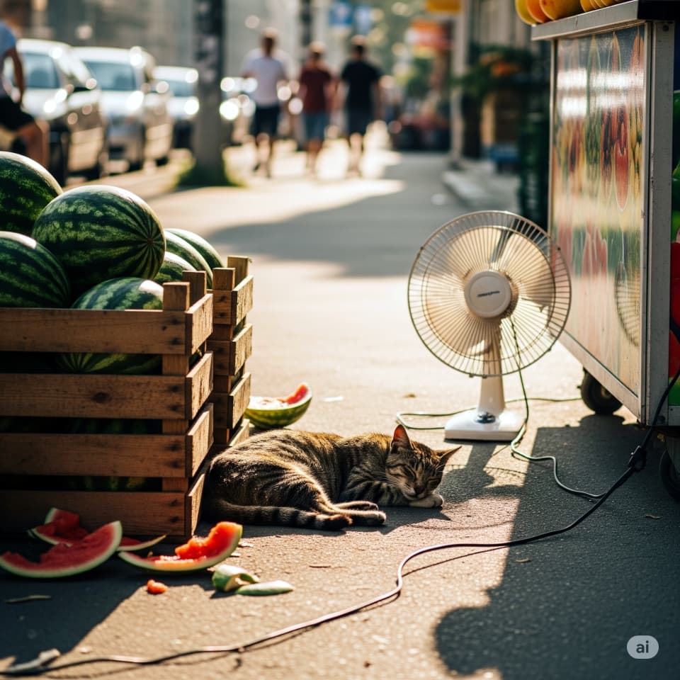 八百屋の店先で寝る猫