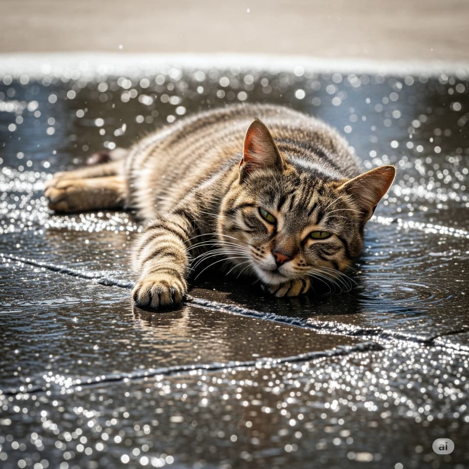 水まき直後の地面に寝る猫