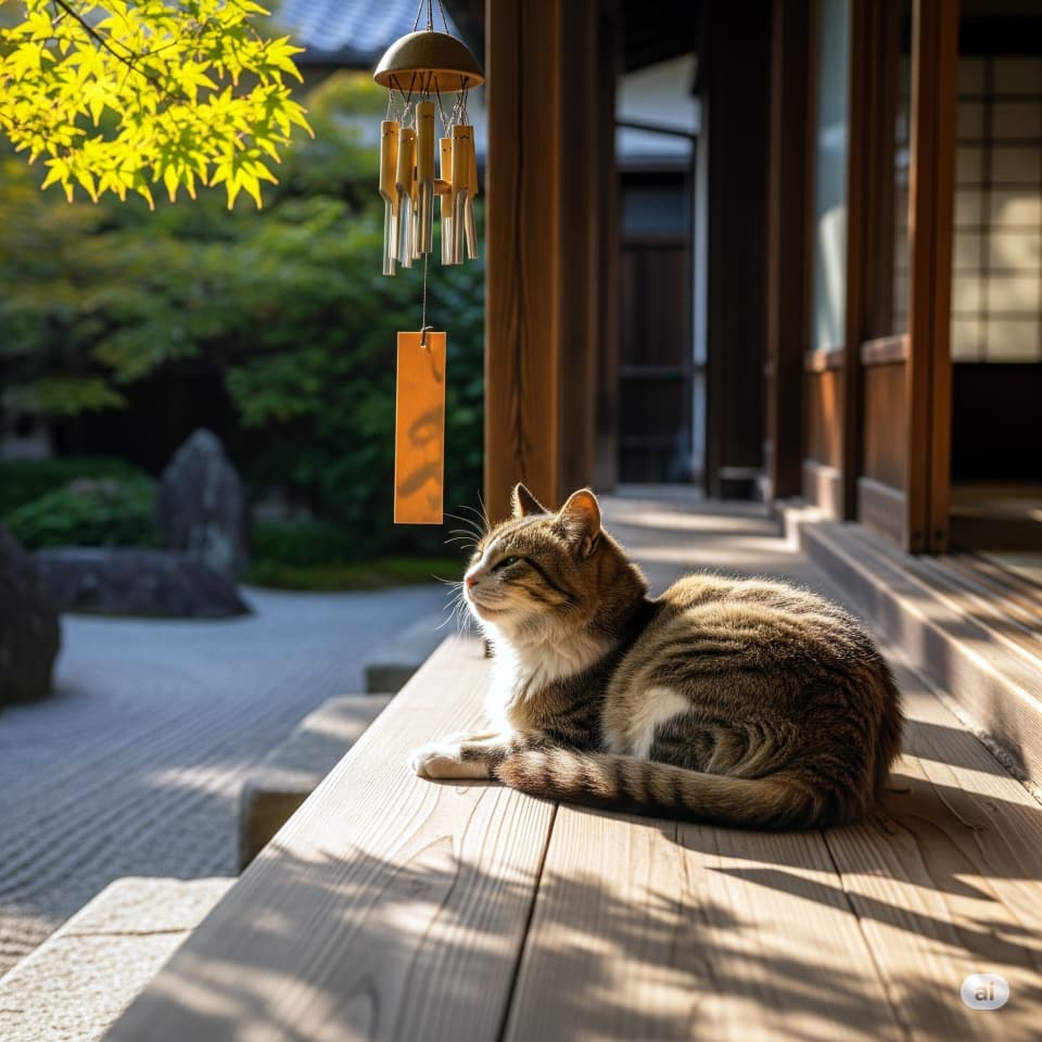 縁側で風鈴の音に耳をすます猫