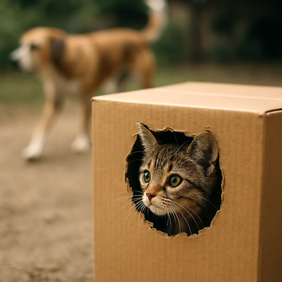 「ダンボールの秘密基地から、犬パトロールを観察中。」（Observing the dog patrol from the cardboard hideout.）（Copilot）
