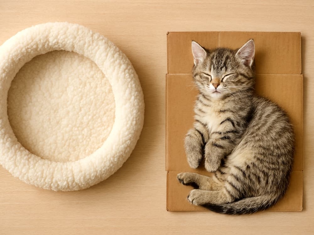 「ふわふわベッド？いや、段ボールが最高ニャ。」（Fluffy bed? Nah, cardboard is king, nya.）（Copilot）