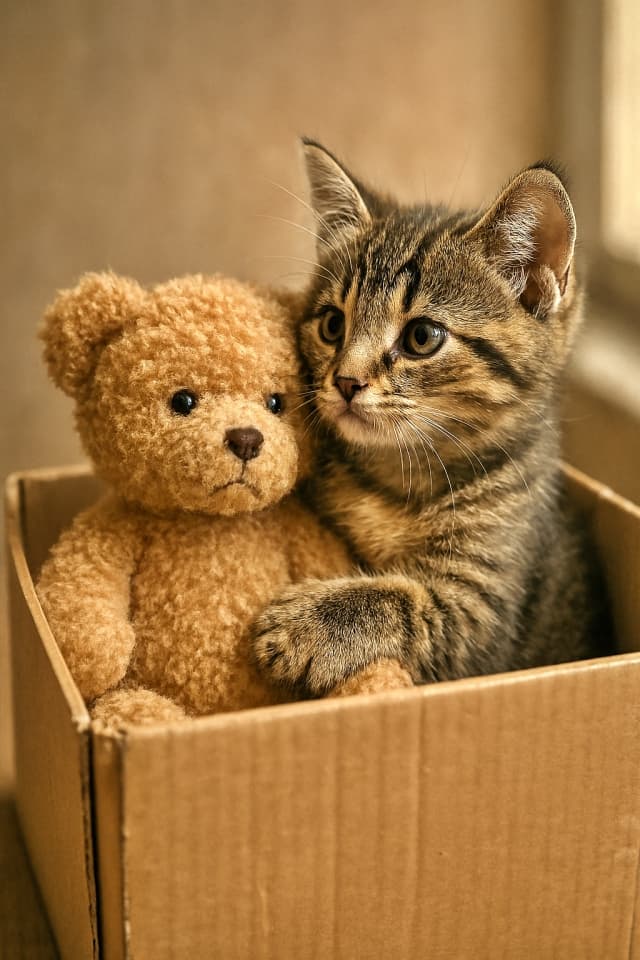 「ふたりだけの秘密基地。ぬいぐるみと子猫の、箱の中の友情物語。」（Copilot）
