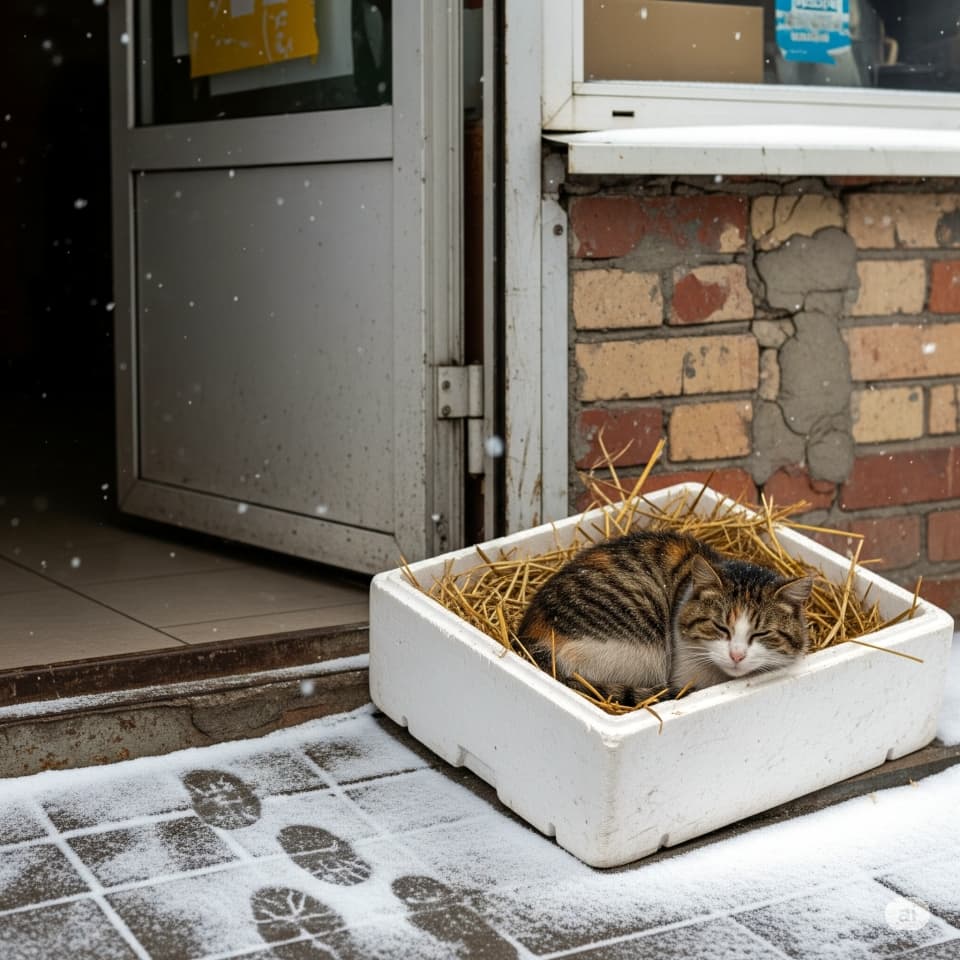 【ダンボールの中でぬくもりを】発泡スチロールの箱で丸まる猫