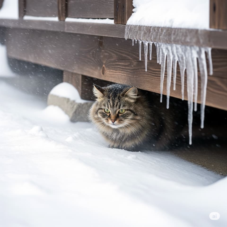【民家の縁の下で風よけ】木の床下に潜む猫