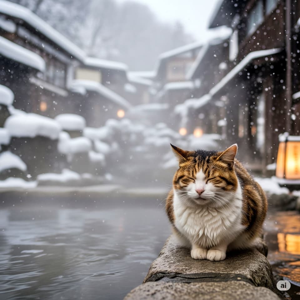 【湯気にほっこり】温泉街の足湯のそばで暖を取る猫