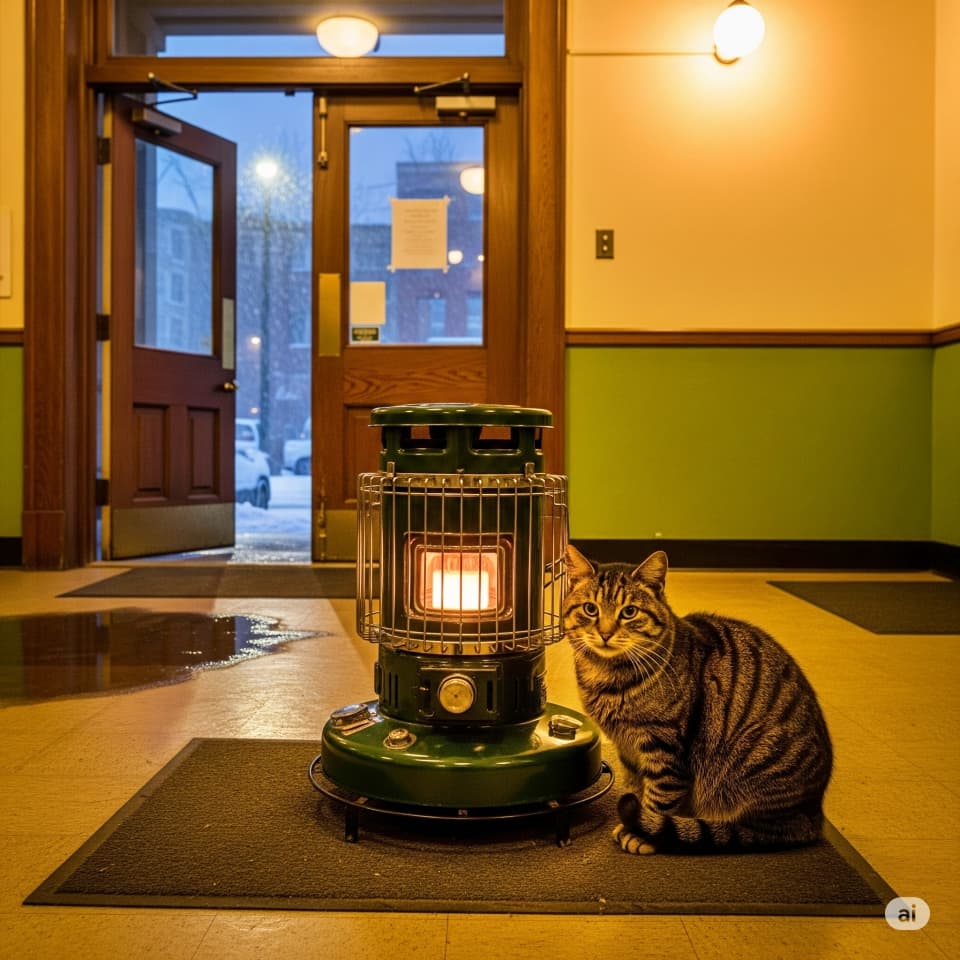 【ストーブのそばにぴったり】玄関で開けっぱなしの扉から入り込む猫