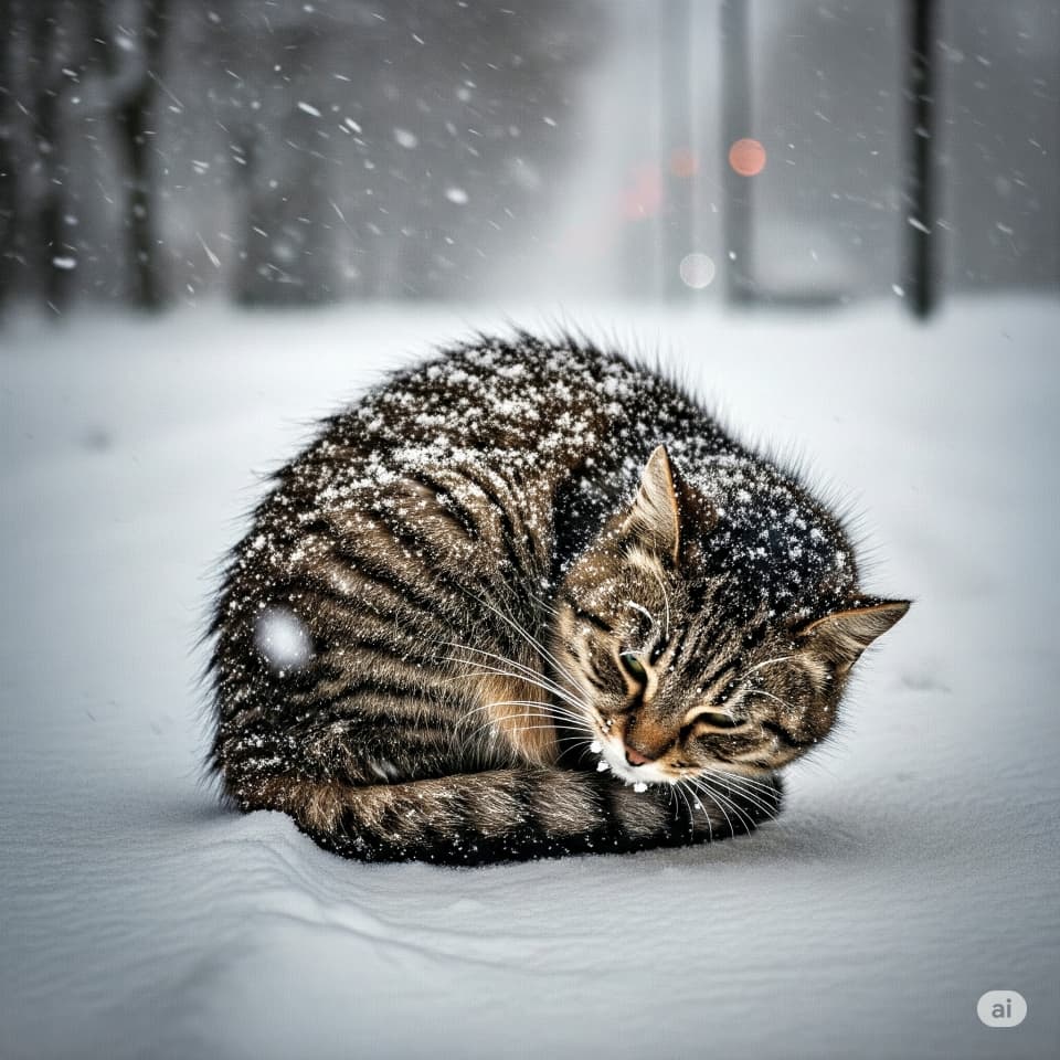【雪の中で耐える背中】吹雪の中で丸まる猫