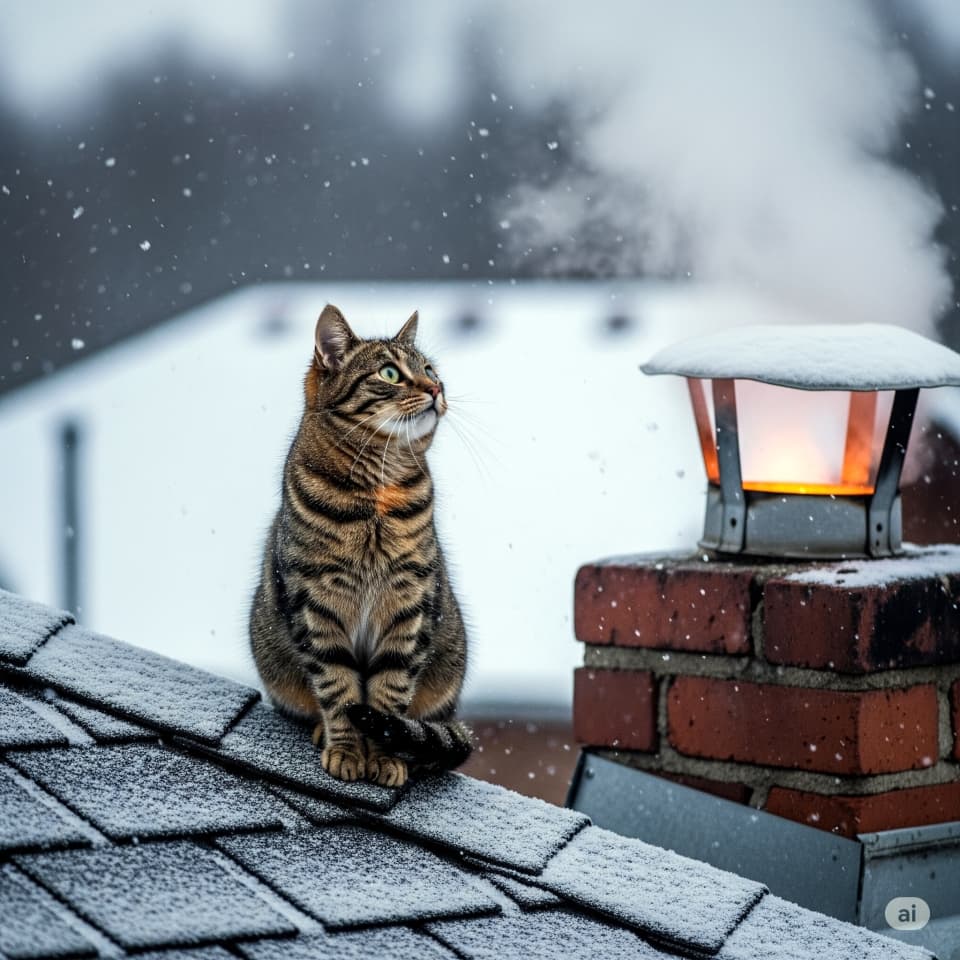 煙突の熱気であたたまる猫
