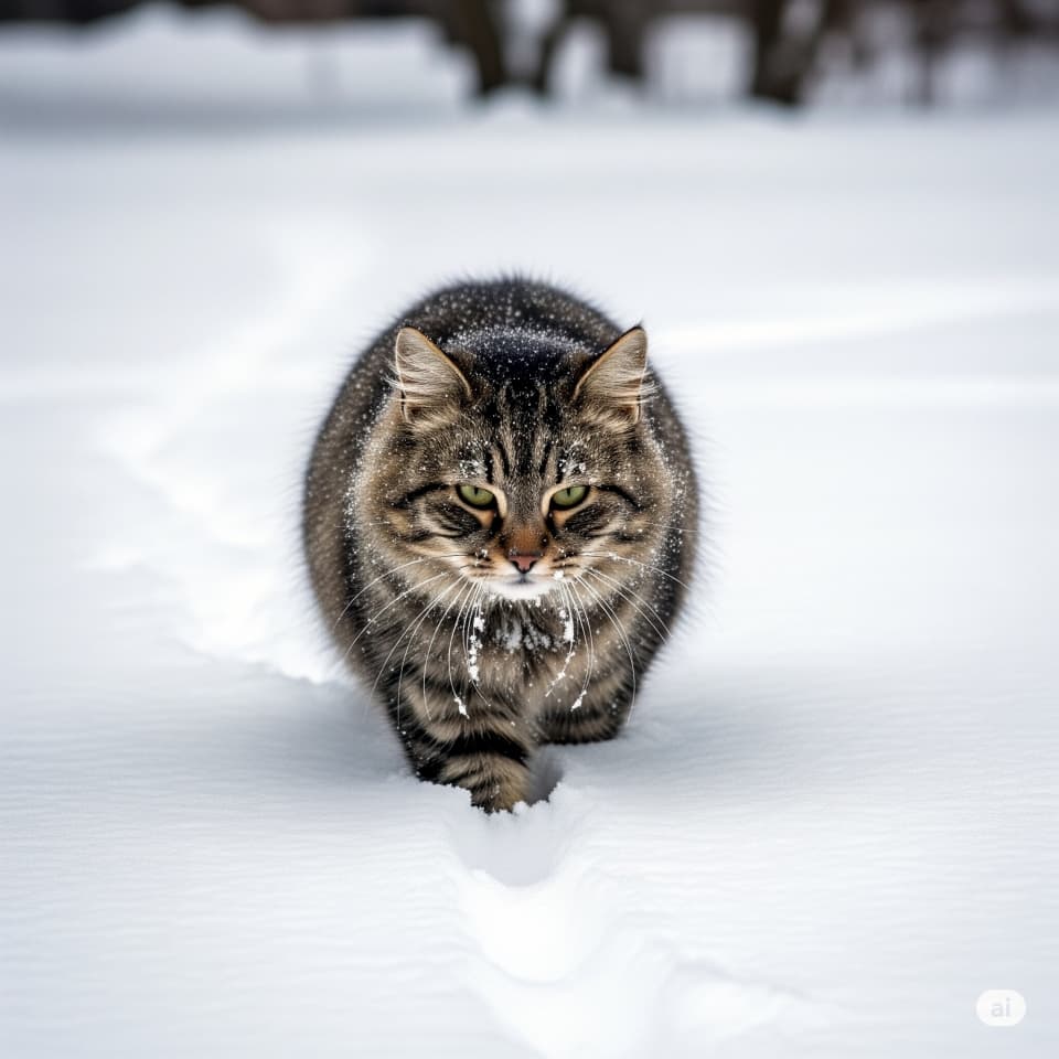 雪に足を取られながら歩く猫